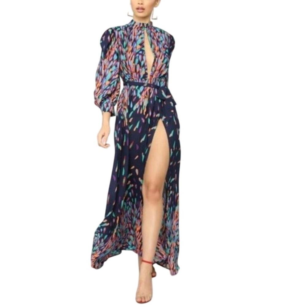Fashion Nova Dress Womens Plus Size 2XL Multicolor High Neck Wrap Maxi Slit